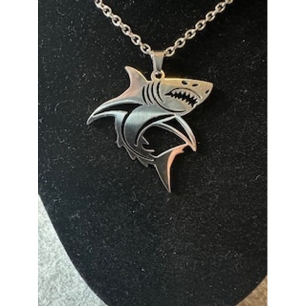 Silver Shark Pendant Necklace Nautical Ocean Marine Animal Jewelry Unisex 24in